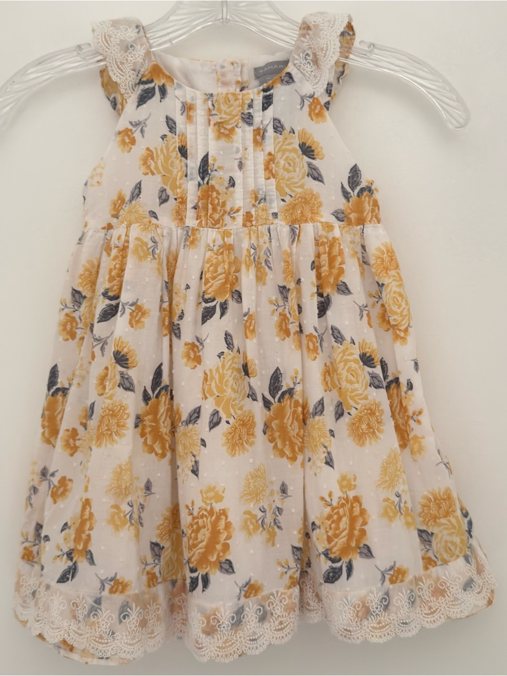 Tahari White and Mustard Floral Lace-Trim Dress